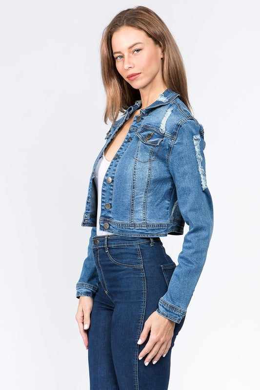 DISTRESSED BACK CROPPED DENIM JACKET