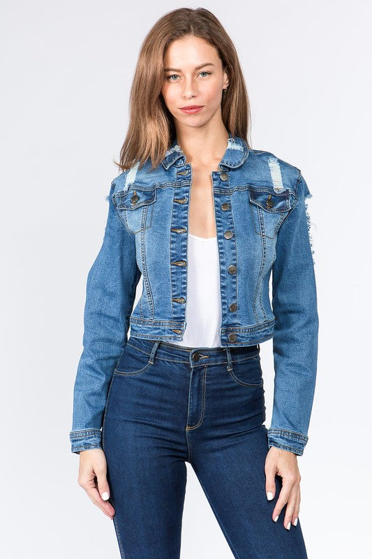 DISTRESSED BACK CROPPED DENIM JACKET