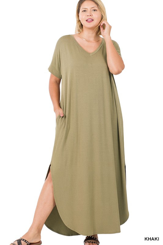 PLUS VISCOSE SIDE SLIT V NECK MAXI DRESS