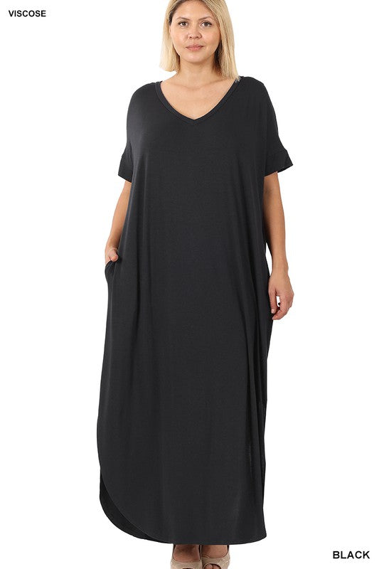 PLUS VISCOSE SIDE SLIT V NECK MAXI DRESS