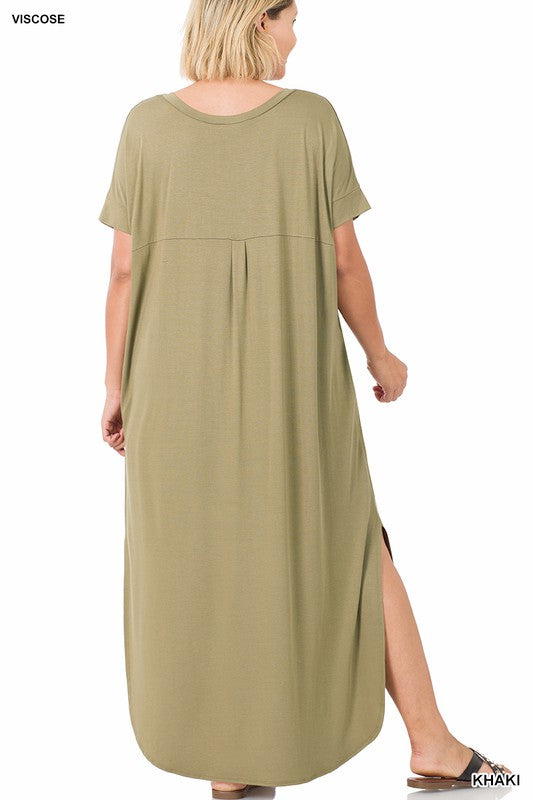 PLUS VISCOSE SIDE SLIT V NECK MAXI DRESS