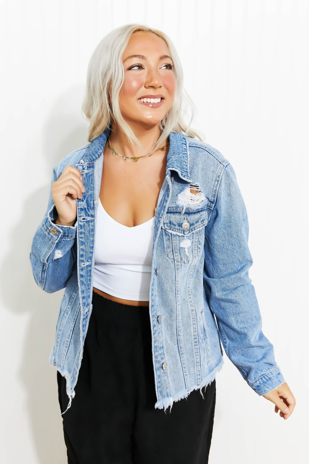 Zenana Going Apple Picking Full Size Distressed Denim Jacket