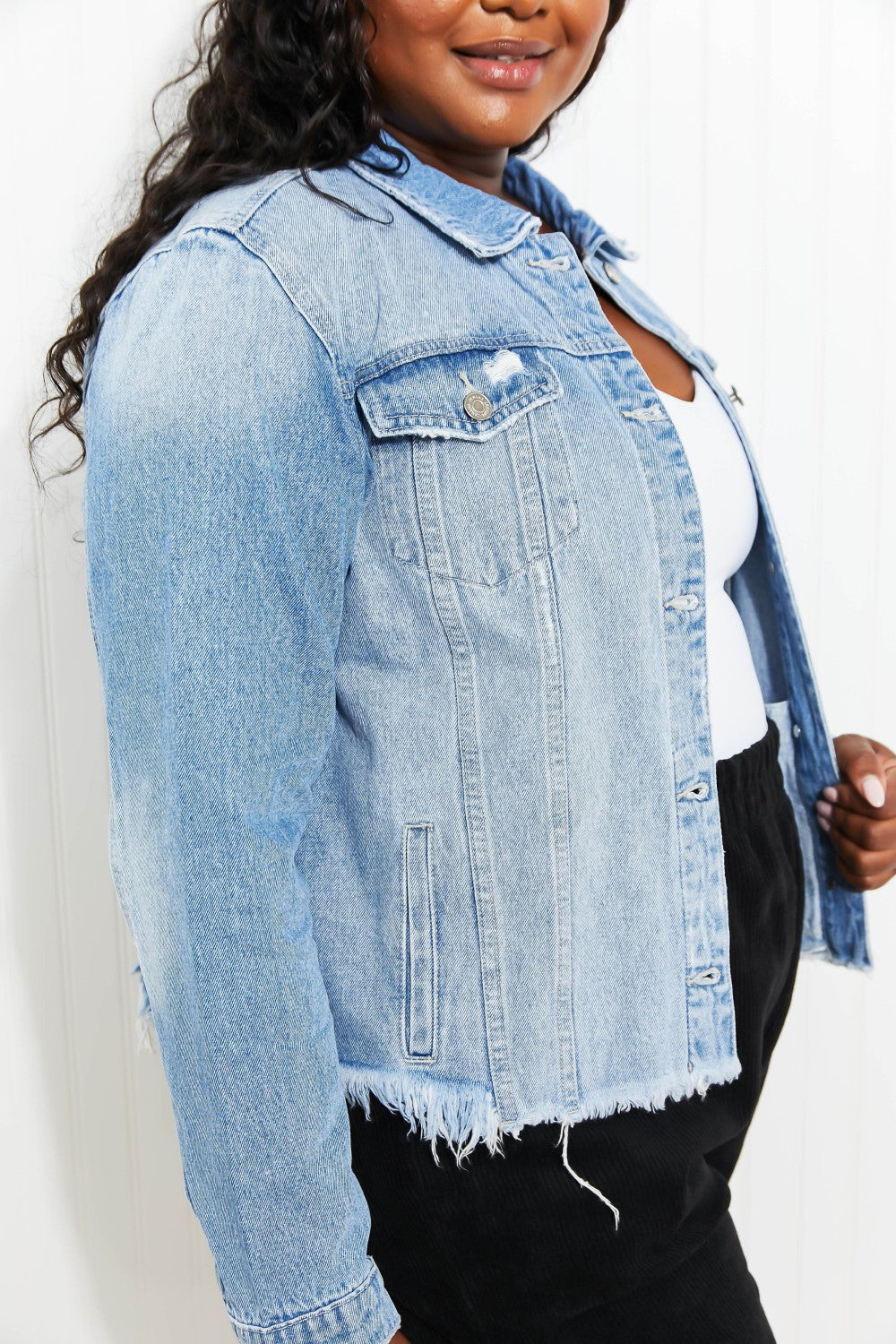 Zenana Going Apple Picking Full Size Distressed Denim Jacket