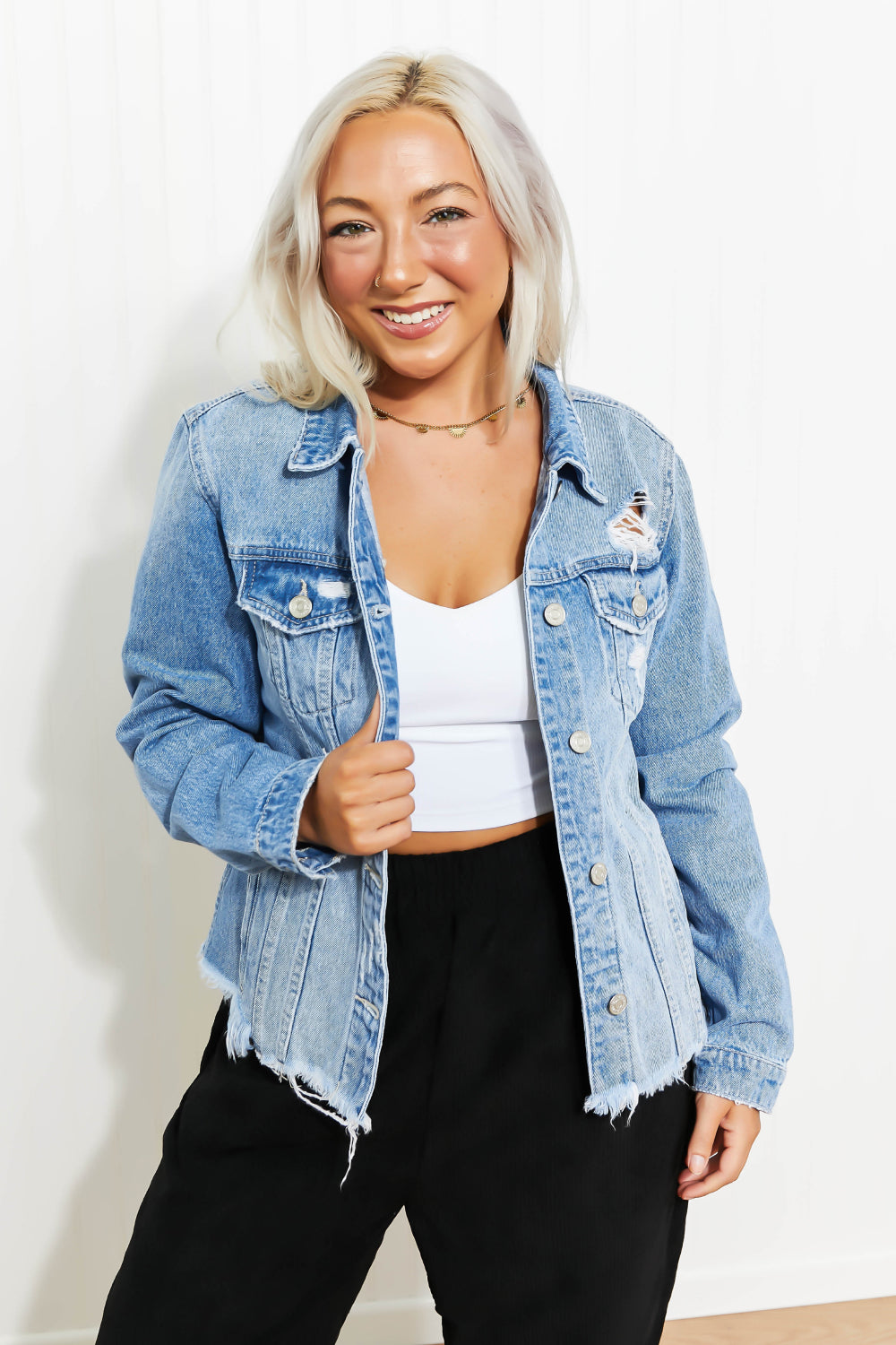 Zenana Going Apple Picking Full Size Distressed Denim Jacket