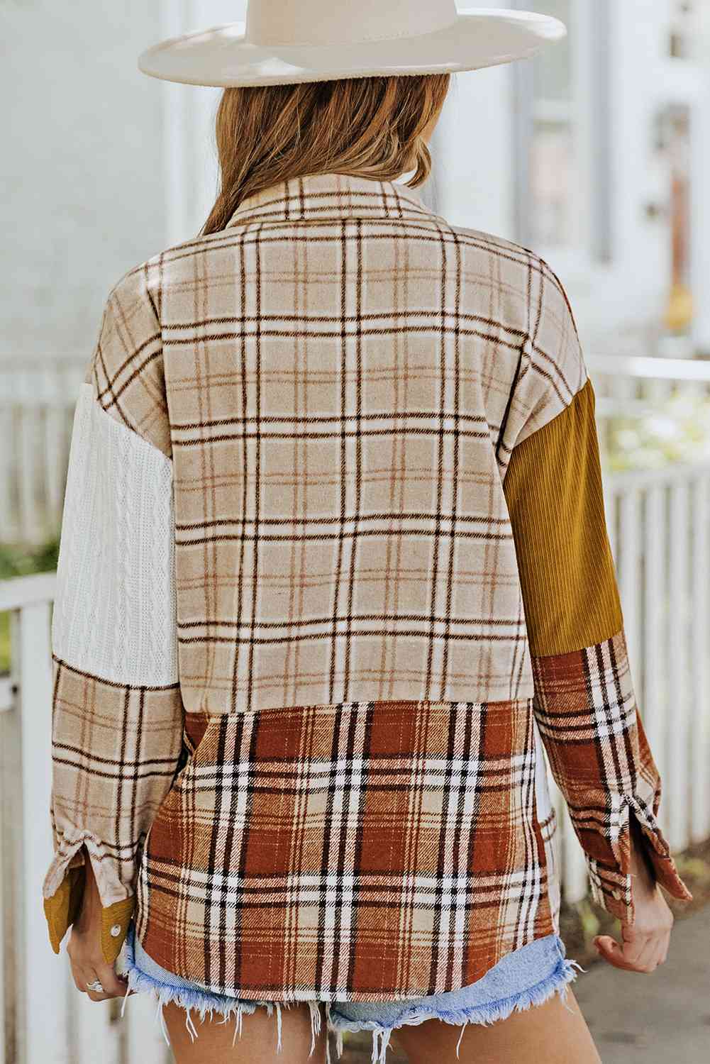 Double Take Plaid Color Block Dropped Shoulder Shacket