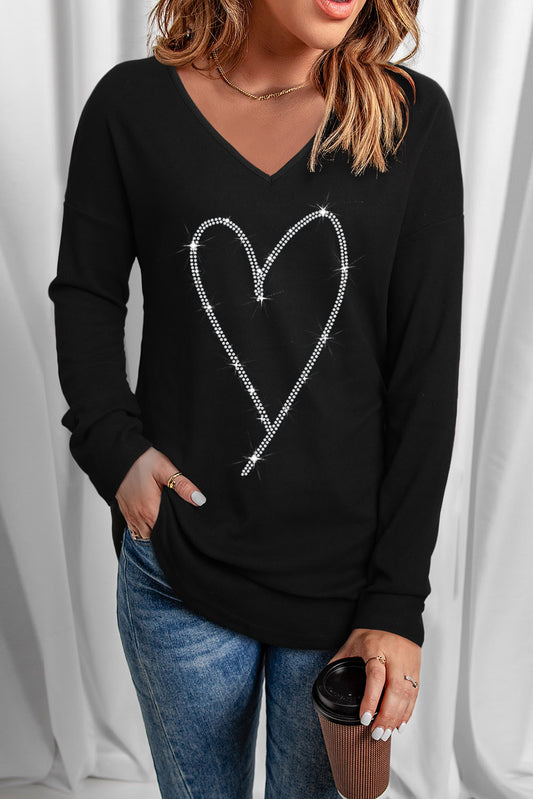 Rhinestone Heart Graphic Long Sleeve Top