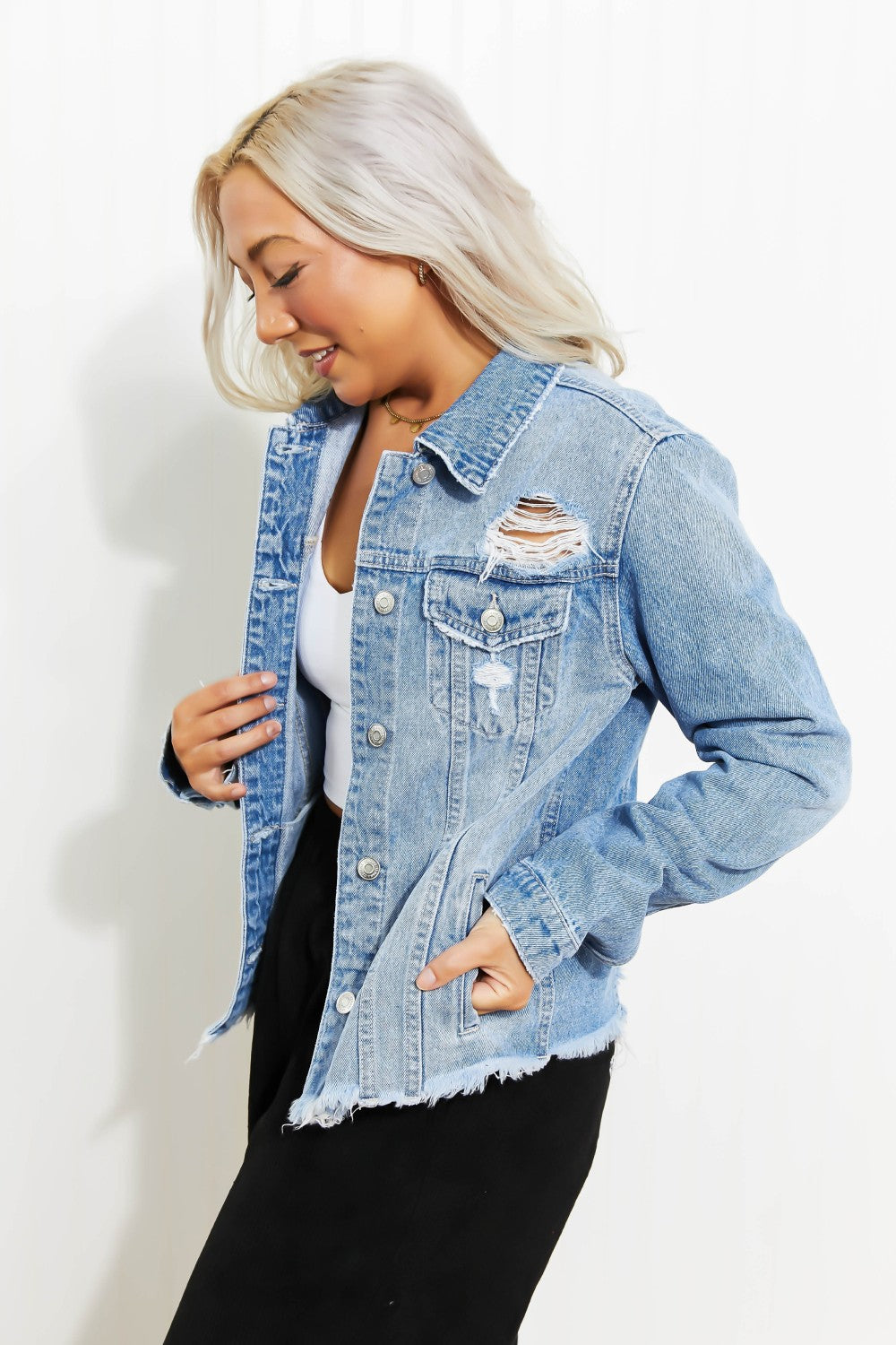 Zenana Going Apple Picking Full Size Distressed Denim Jacket