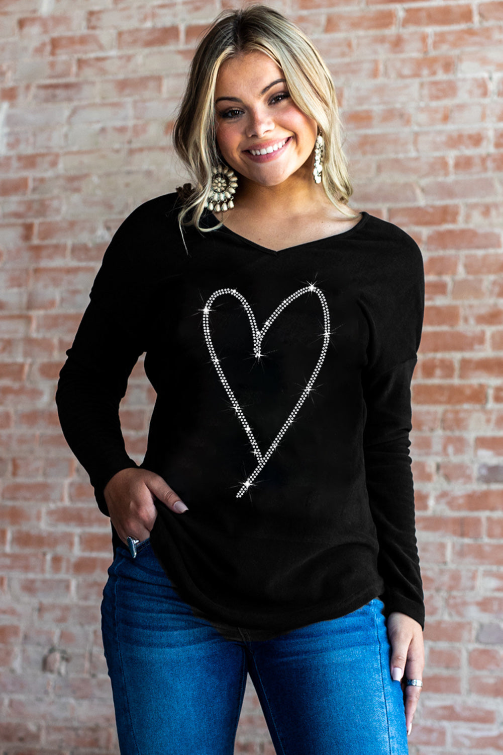 Rhinestone Heart Graphic Long Sleeve Top