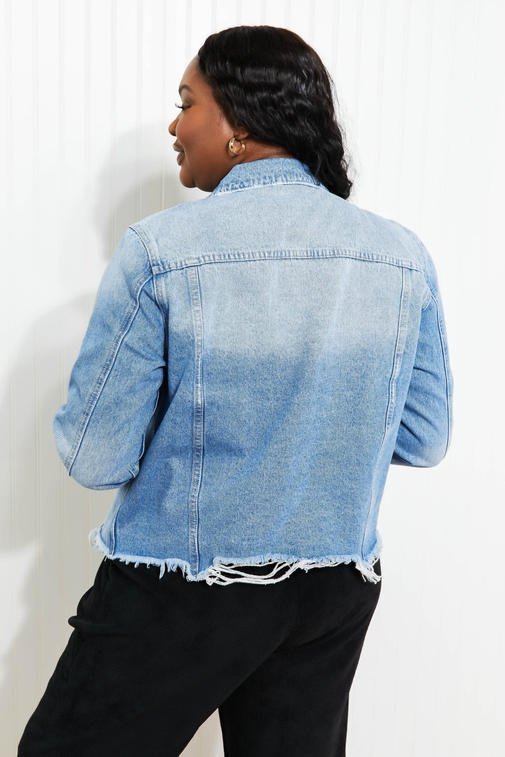 Zenana Going Apple Picking Full Size Distressed Denim Jacket