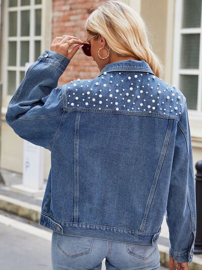Pearl Detail Collared Neck Long Sleeve Denim Jacket – TXB & Co.