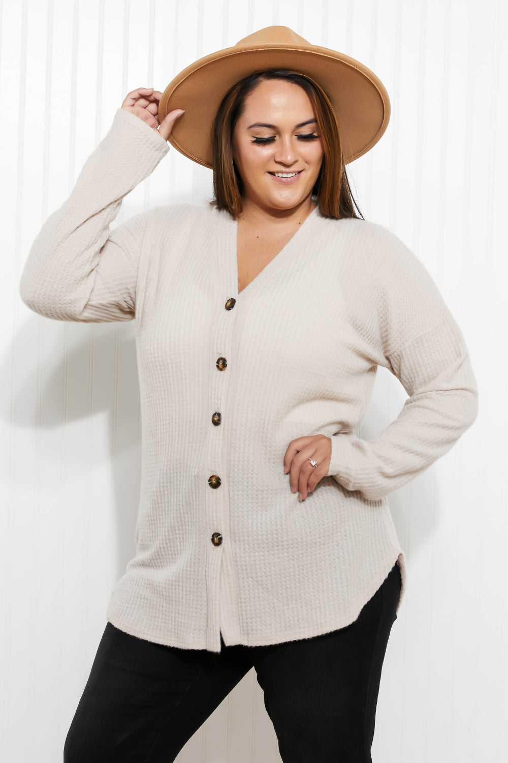 Heimish Home at Last Full Size Waffle Knit Button Down Cardigan