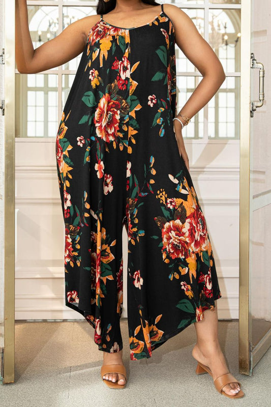 Plus Size Printed Spaghetti Strap Wide Leg Jumpsuit