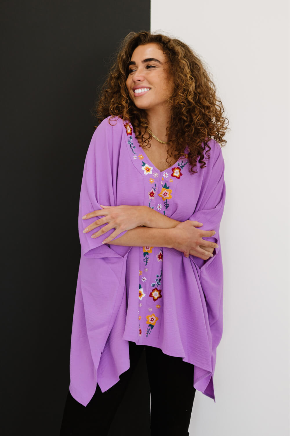 ODDI Wanderer Full Size Run Embroidered Poncho Top