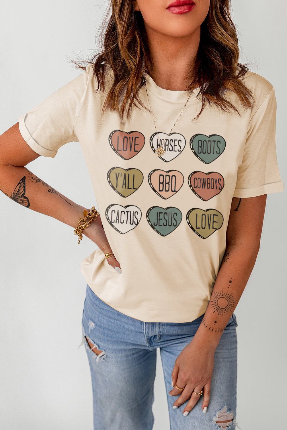 Heart Graphic Cuffed Short Sleeve Round Neck Tee Shirt