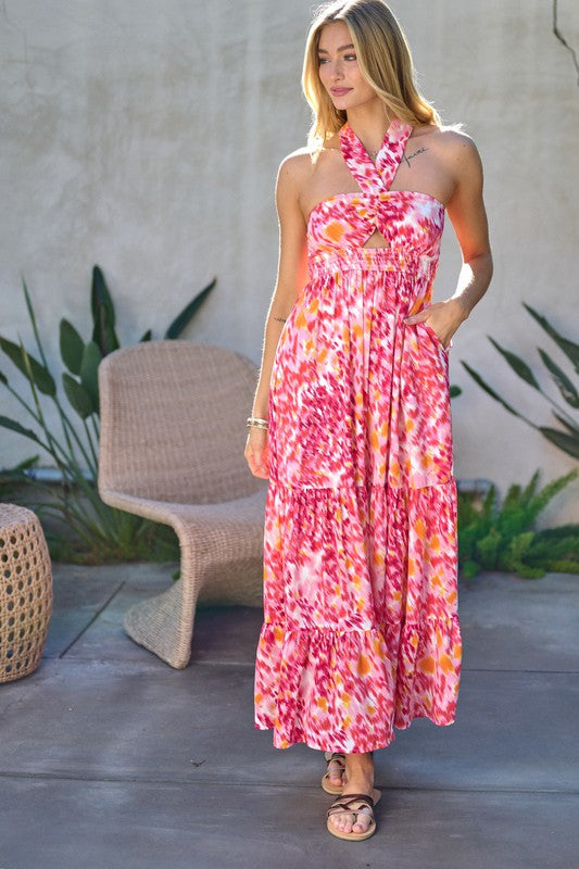 PRINTED SMOCKED RUFFLE MAXI DRESS