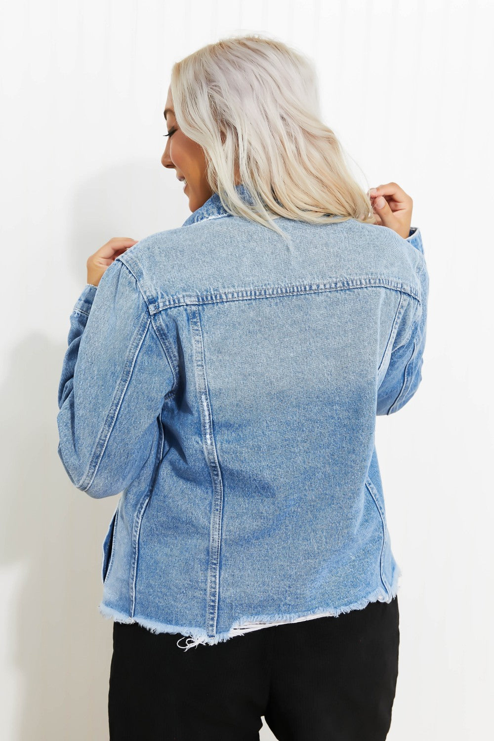 Zenana Going Apple Picking Full Size Distressed Denim Jacket