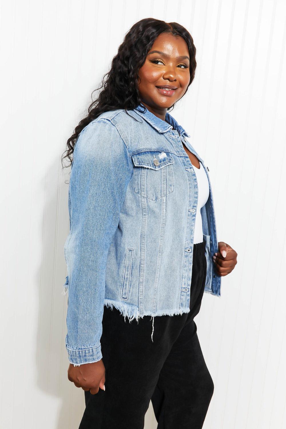 Zenana Going Apple Picking Full Size Distressed Denim Jacket