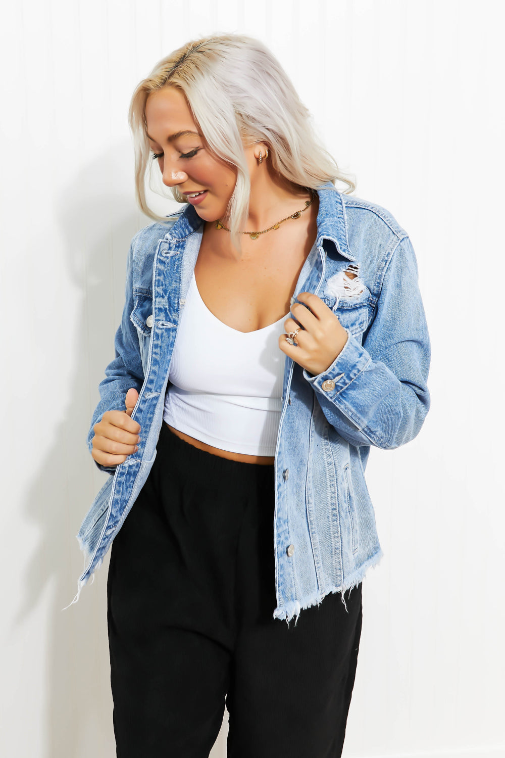 Zenana Going Apple Picking Full Size Distressed Denim Jacket